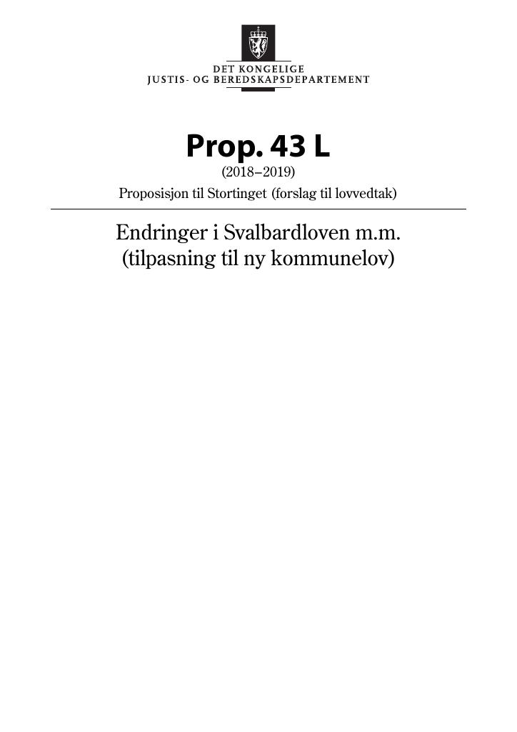Forsiden av dokumentet Prop. 43 L (2018–2019)