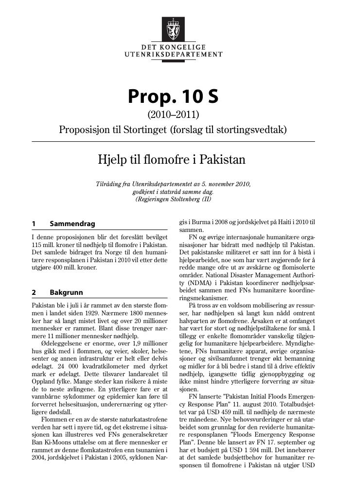 Forsiden av dokumentet Prop. 10 S (2010–2011)