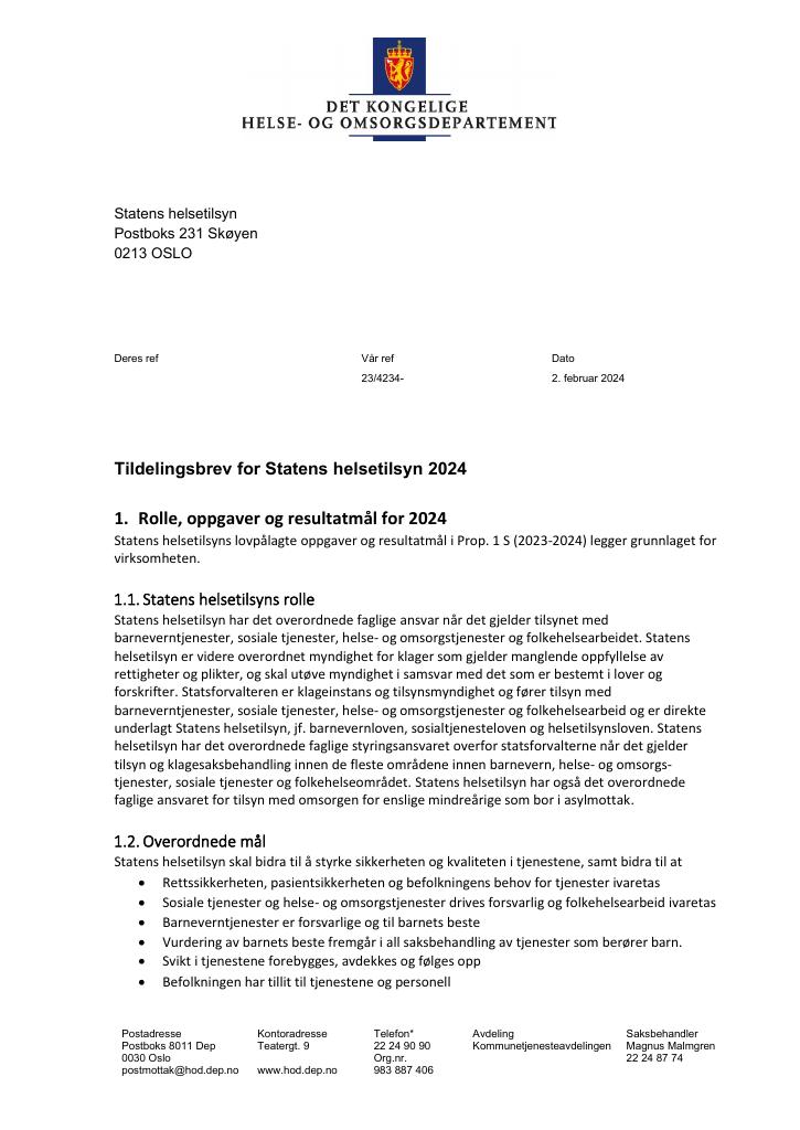 Forsiden av dokumentet Tildelingsbrev 2024