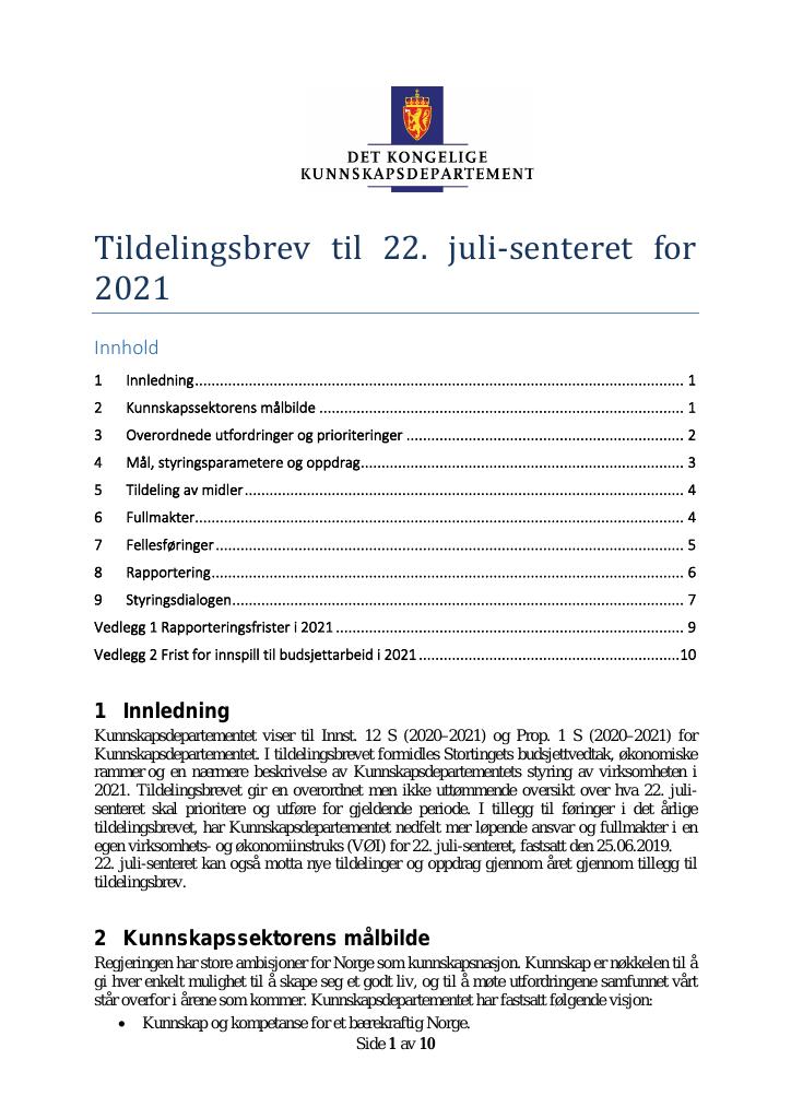 Forsiden av dokumentet Tildelingsbrev 22. juli-senteret 2021