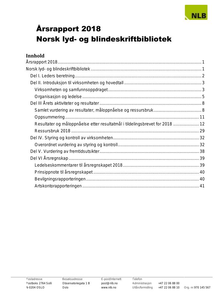 Forsiden av dokumentet Årsrapport Norsk lyd- og blindeskriftbibliotek 2018