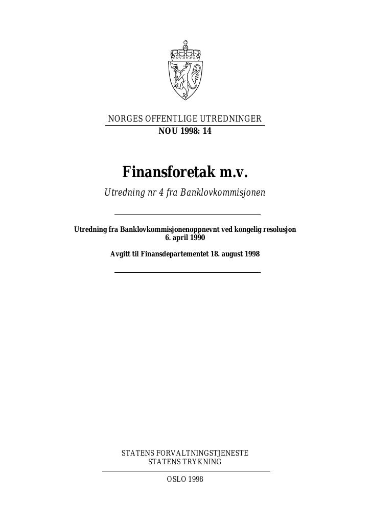 Forsiden av dokumentet NOU 1998: 14 - Finansforetak m.v.