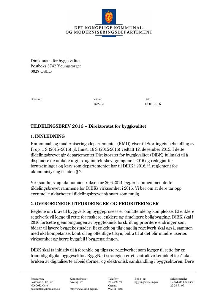 Forsiden av dokumentet Tildelingsbrev (pdf)