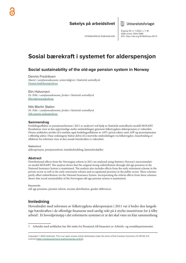 Forsiden av dokumentet Sosial bærekraft i systemet for alderspensjon