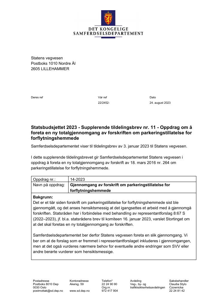 Forsiden av dokumentet Tildelingsbrev Statens vegvesen 2023 - tillegg nr. 11