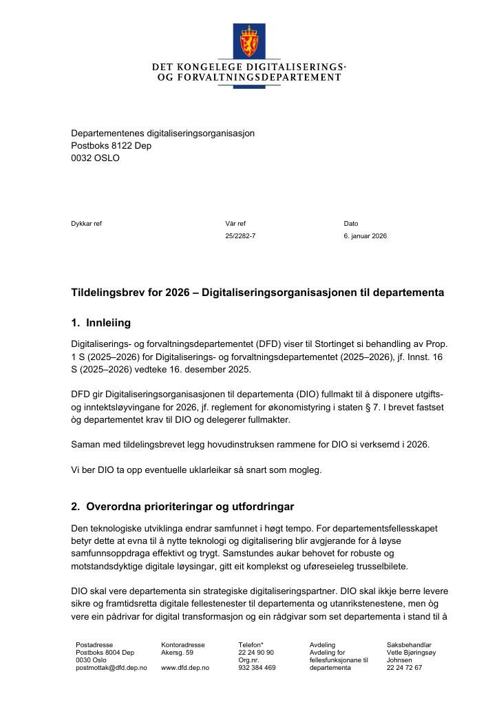 Forsiden av dokumentet Tildelingsbrev Departementenes digitaliseringsorganisasjon 2026