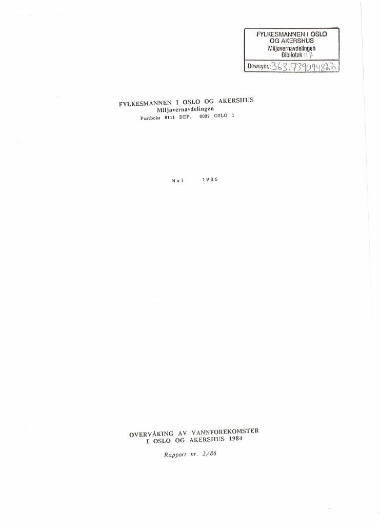Forsiden av dokumentet Overvåking av vannforekomster i Oslo og Akershus 1984