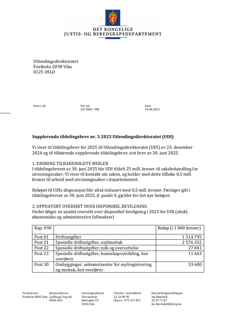 Forsiden av dokumentet Tildelingsbrev Utlendingsdirektoratet 2025 - tillegg nr. 3