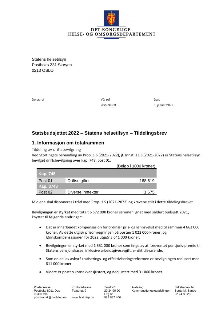 Forsiden av dokumentet Tildelingsbrev Statens helsetilsyn 2022