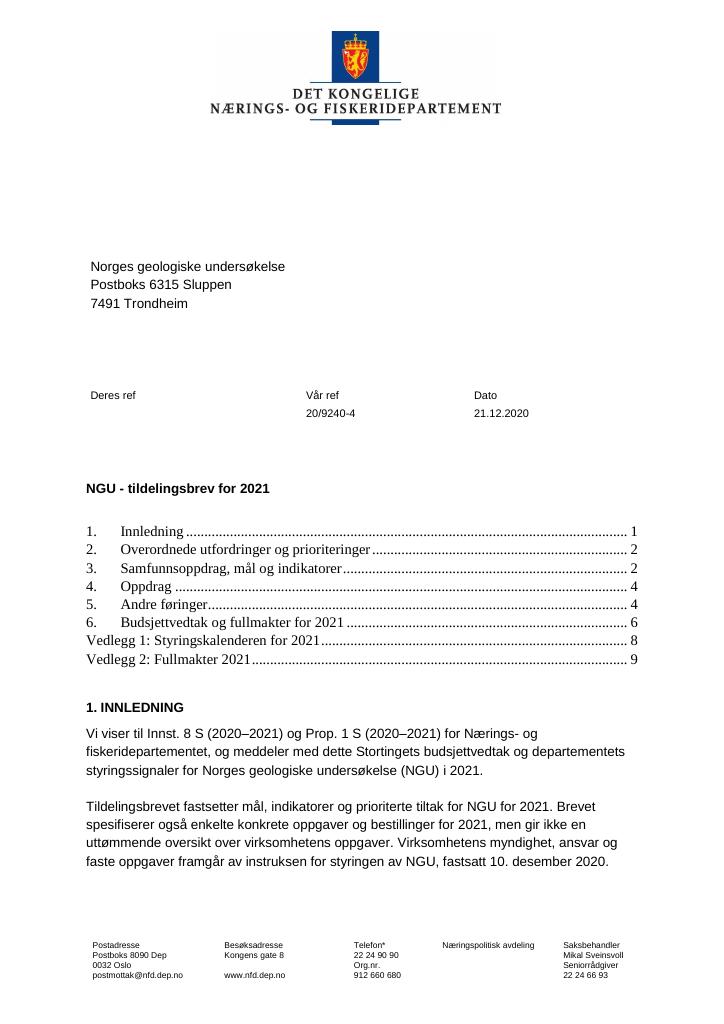 Forsiden av dokumentet Tildelingsbrev Norges geologiske undersøkelse 2021