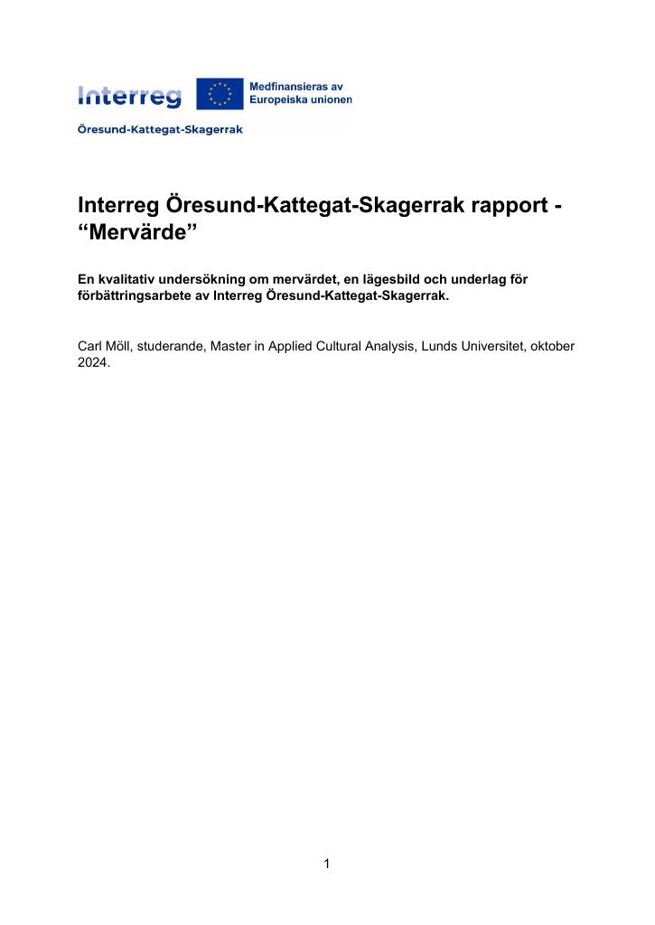 Forsiden av dokumentet Interreg Öresund-Kattegat-Skagerrak rapport “Mervärde”