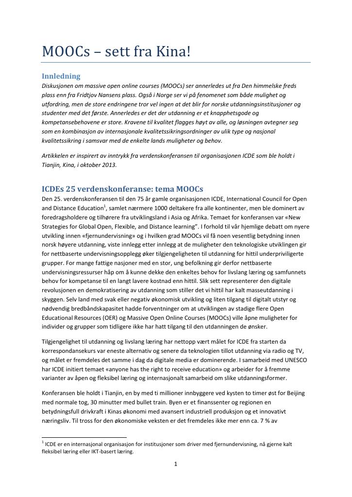Forsiden av dokumentet MOOCs – sett fra Kina!
