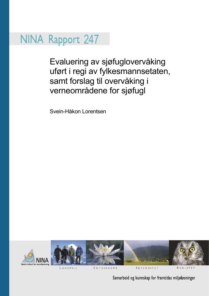 Forsiden av dokumentet Evaluering av sjøfuglovervåking utført i regi av fylkesmannsetaten, samt forslag til overvåking i verneområdene for sjøfugl
