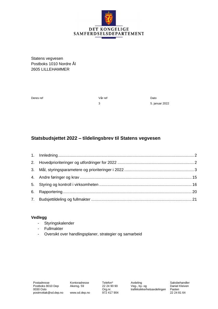 Tildelingsbrev Statens Vegvesen 2022 - Kudos