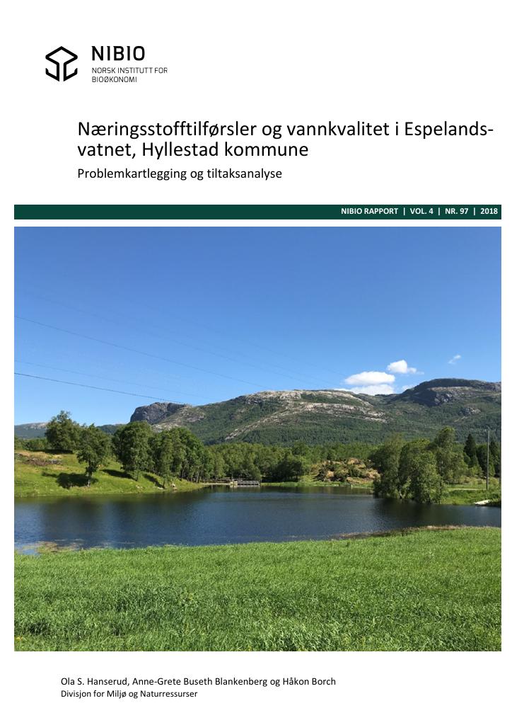 Forsiden av dokumentet Næringsstofftilførsel og vannkvalitet i Espelandsvatnet, Hyllestad kommune : problemkartlegging og tiltaksanalyse