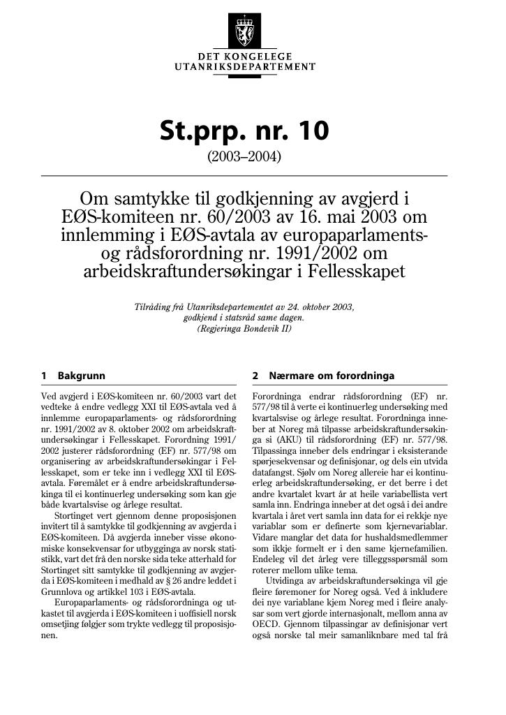 Forsiden av dokumentet St.prp. nr. 10 (2003-2004)