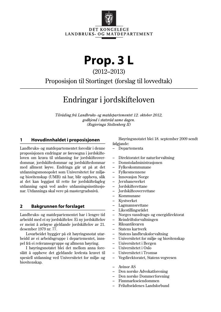 Forsiden av dokumentet Prop. 3 L (2012–2013)