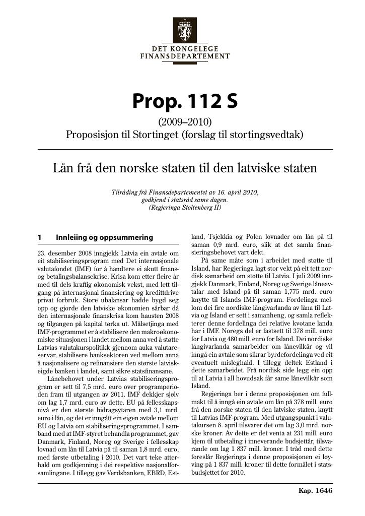 Forsiden av dokumentet Prop. 112 S (2009–2010)
