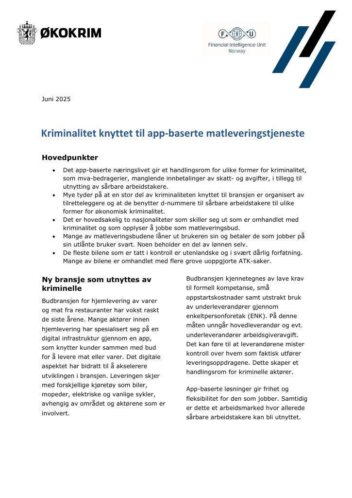 Forsiden av dokumentet Kriminalitet knyttet til app-baserte matleveringstjenester