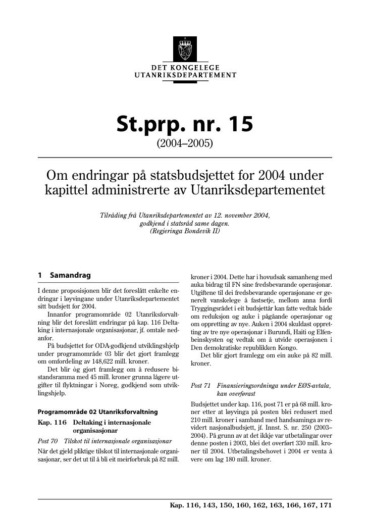 Forsiden av dokumentet St.prp. nr. 15 (2004-2005)
