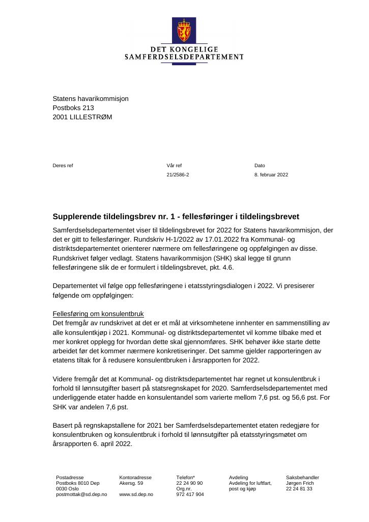 Forsiden av dokumentet Tildelingsbrev Statens havarikommisjon 2022 - tillegg nr. 1