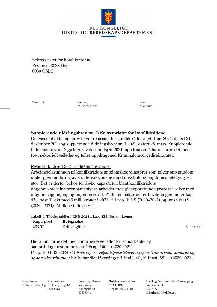 Forsiden av dokumentet Supplerende tildelingsbrev nr. 2 (PDF)