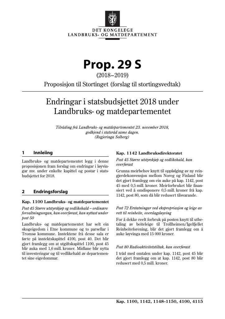 Forsiden av dokumentet Prop. 29 S (2018–2019)