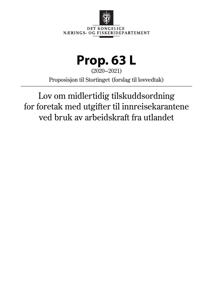 Forsiden av dokumentet Prop. 63 L (2020–2021)