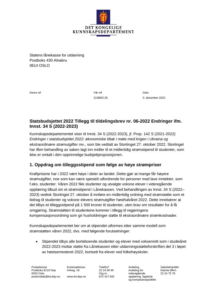 Forsiden av dokumentet Kunnskapsdepartementet 2022 - tillegg nr. 6