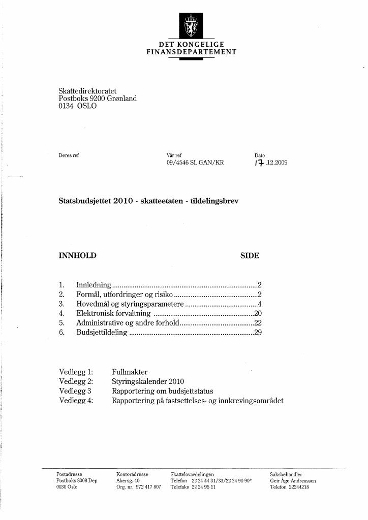 Forsiden av dokumentet Tildelingsbrev