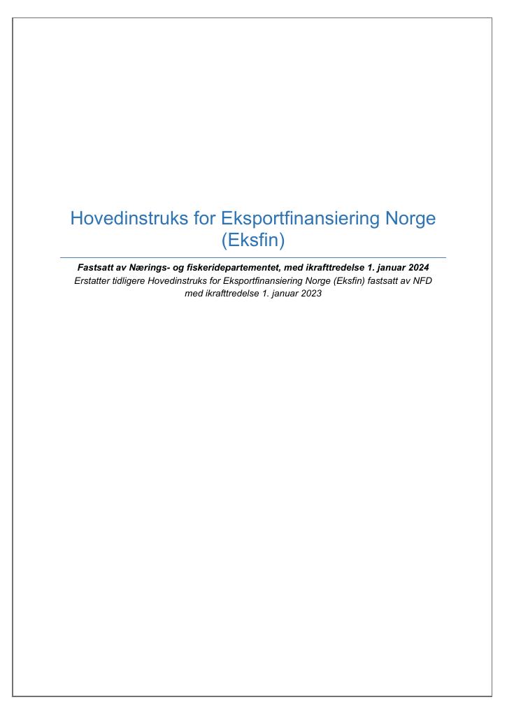 Forsiden av dokumentet Hovedinstruks for Eksportfinansiering Norge (Eksfin)