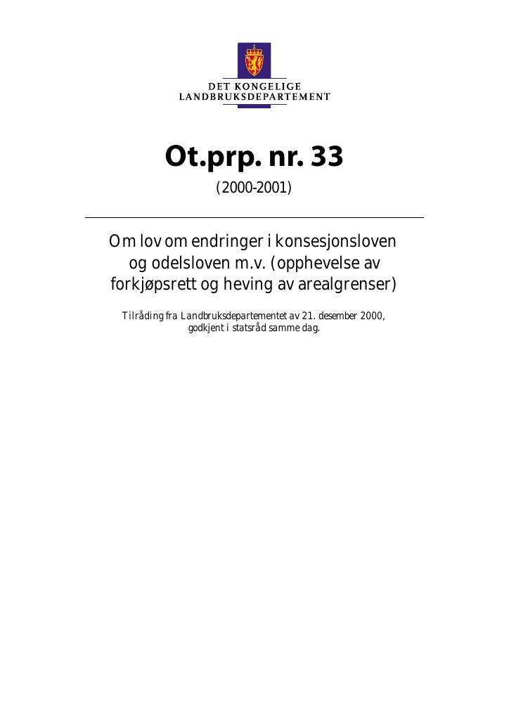 Forsiden av dokumentet Ot.prp. nr. 33 (2000-2001)