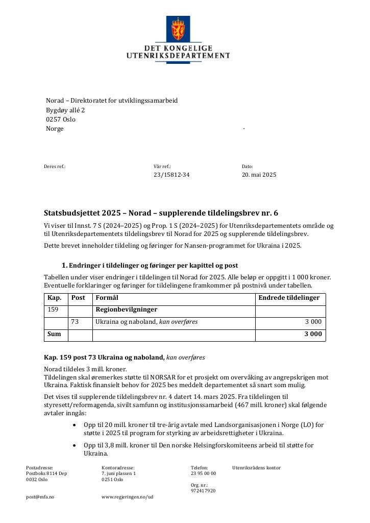 Forsiden av dokumentet Tildelingsbrev Norad 2025 - tillegg nr. 6