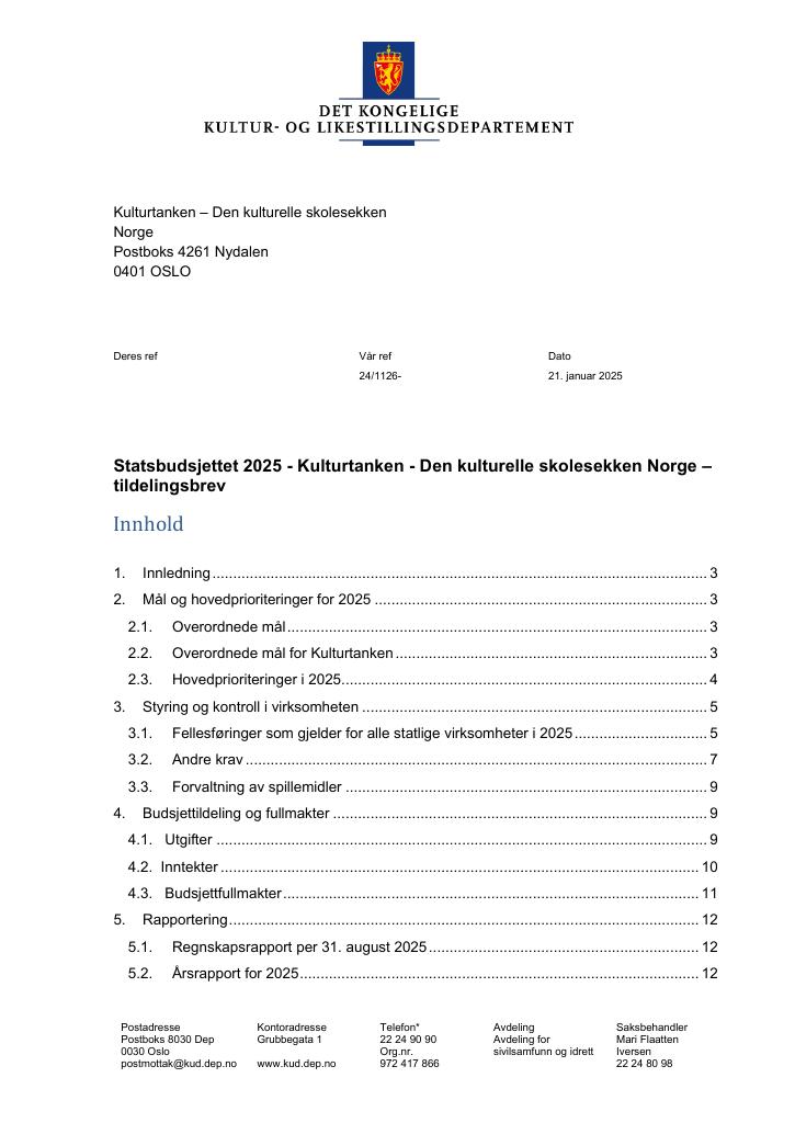 Forsiden av dokumentet Tildelingsbrev Kulturtanken - Den kulturelle skolesekken 2025