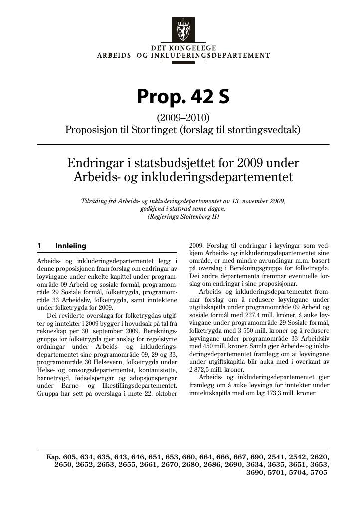 Forsiden av dokumentet Prop. 42 S (2009–2010)