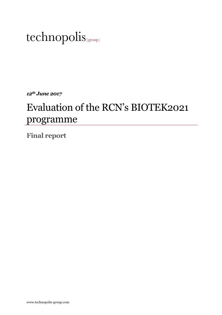 Forsiden av dokumentet Evaluation of the RCN’s BIOTEK2021 programme