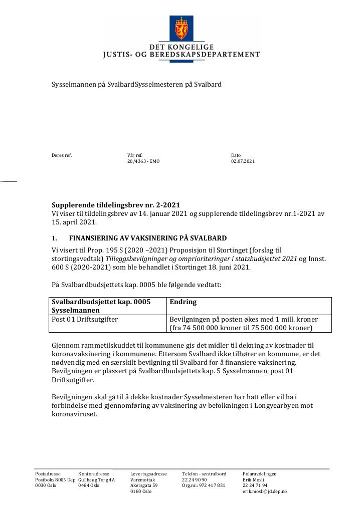 Forsiden av dokumentet Tildelingsbrev Sysselmesteren på Svalbard 2021 - tillegg nr. 2