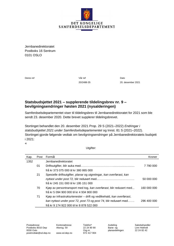 Forsiden av dokumentet Tildelingsbrev Jernbanedirektoratet 2021 - tillegg nr. 9