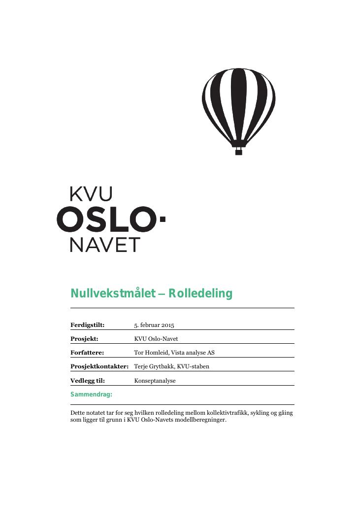 Forsiden av dokumentet KVU Oslo-navet: Nullvekstmålet – Rolledeling