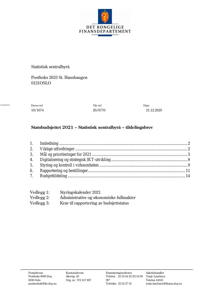 Forsiden av dokumentet Tildelingsbrev Statistisk sentralbyrå 2021