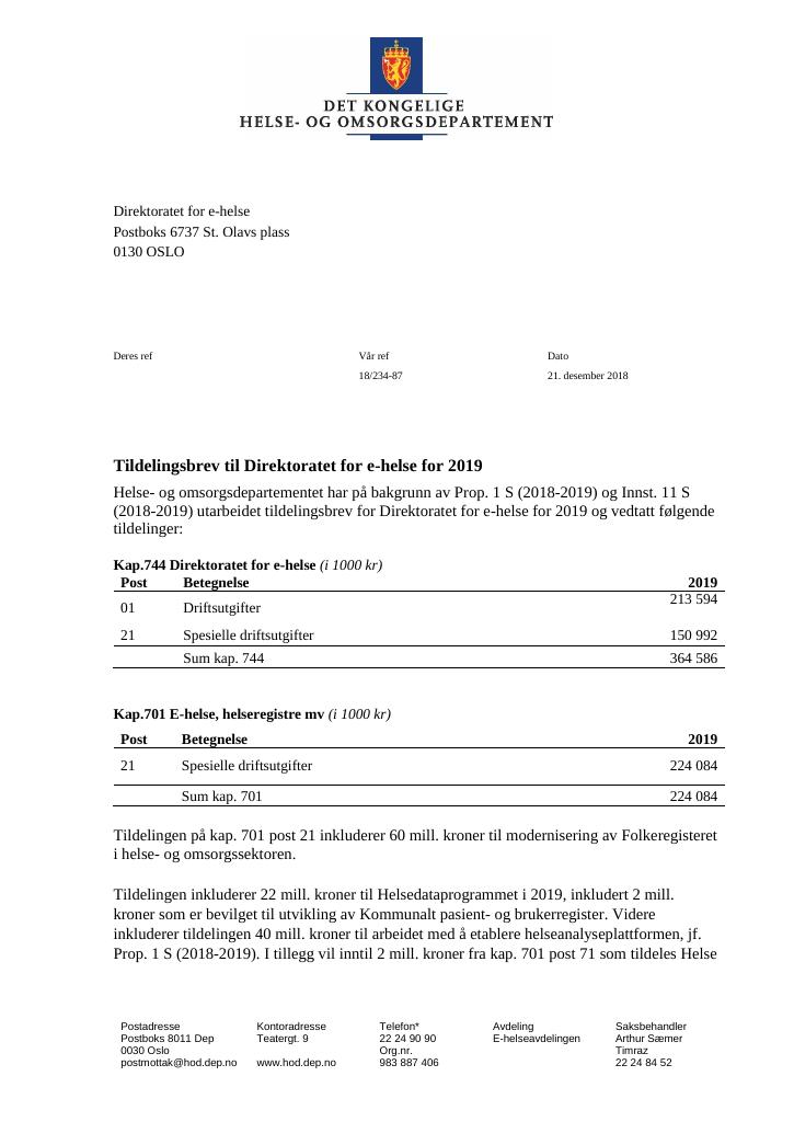 Forsiden av dokumentet Tildelingsbrev Direktoratet for e-helse 2019