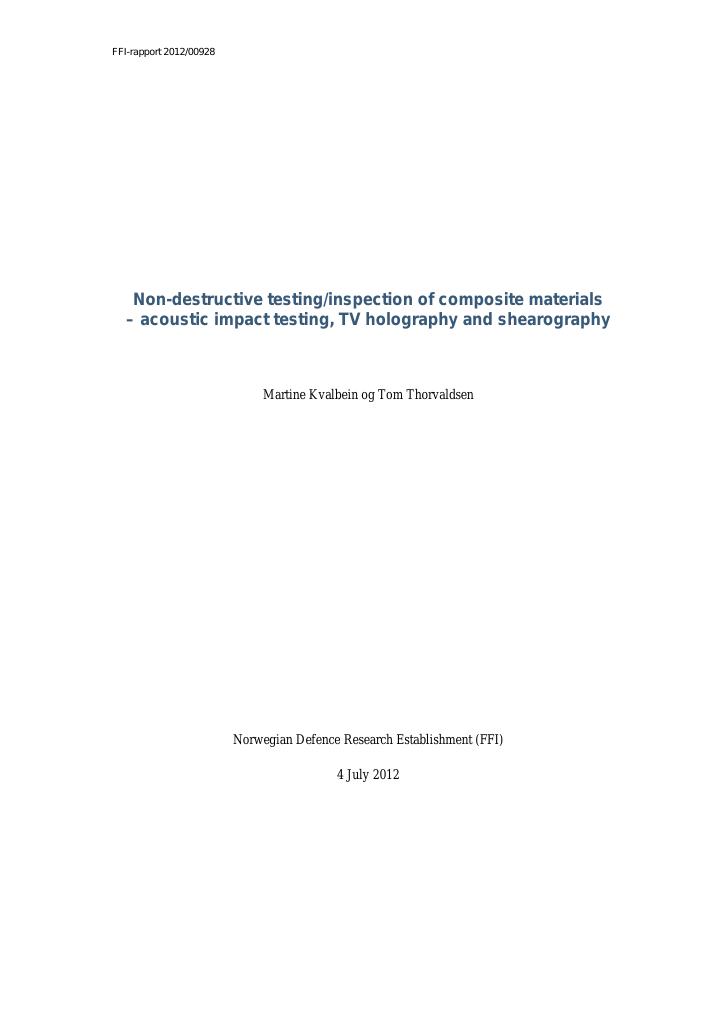 Forsiden av dokumentet Non-destructive testing/inspection of composite materials - acoustic impact testing, TV holography and shearography