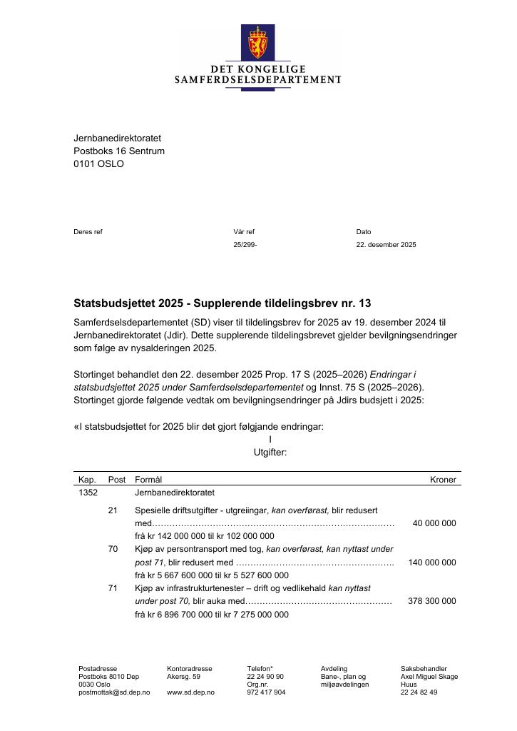 Forsiden av dokumentet Tildelingsbrev Jernbanedirektoratet 2025 - tillegg nr. 13
