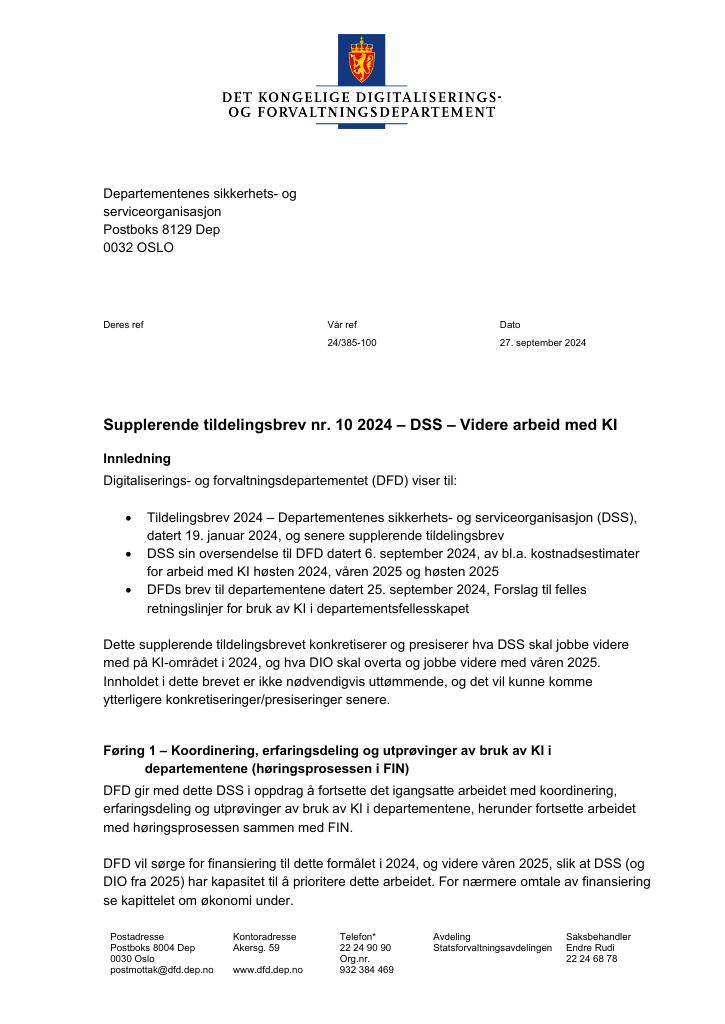 Forsiden av dokumentet Tildelingsbrev Departementenes sikkerhets- og serviceorganisasjon 2024 - tillegg nr. 10