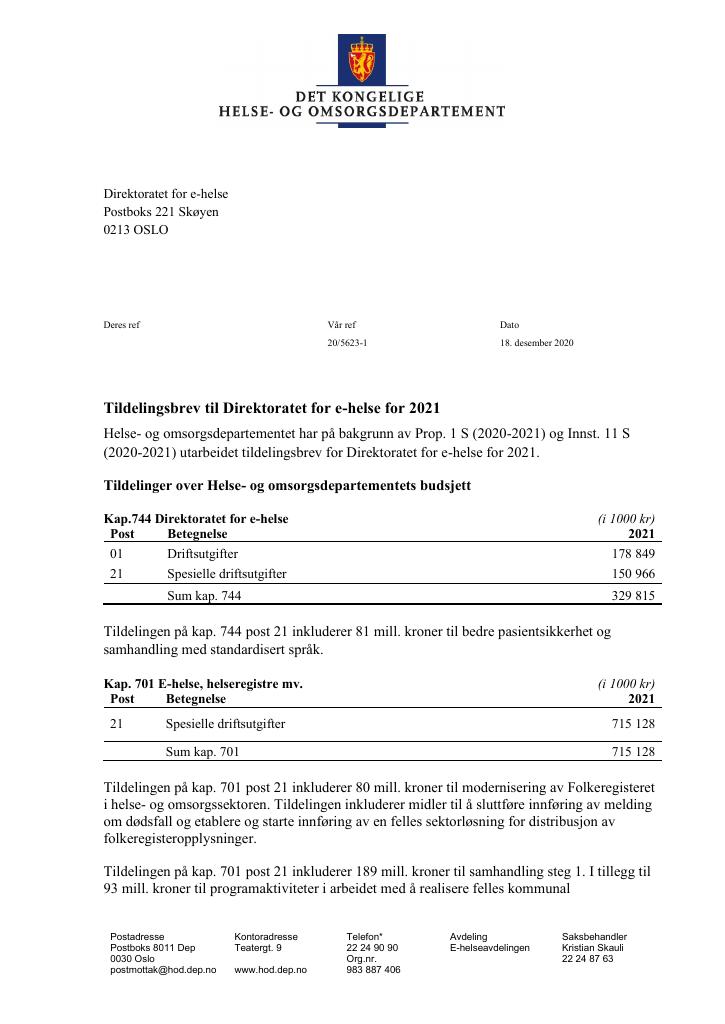 Forsiden av dokumentet Tildelingsbrev Direktoratet for e-helse 2021