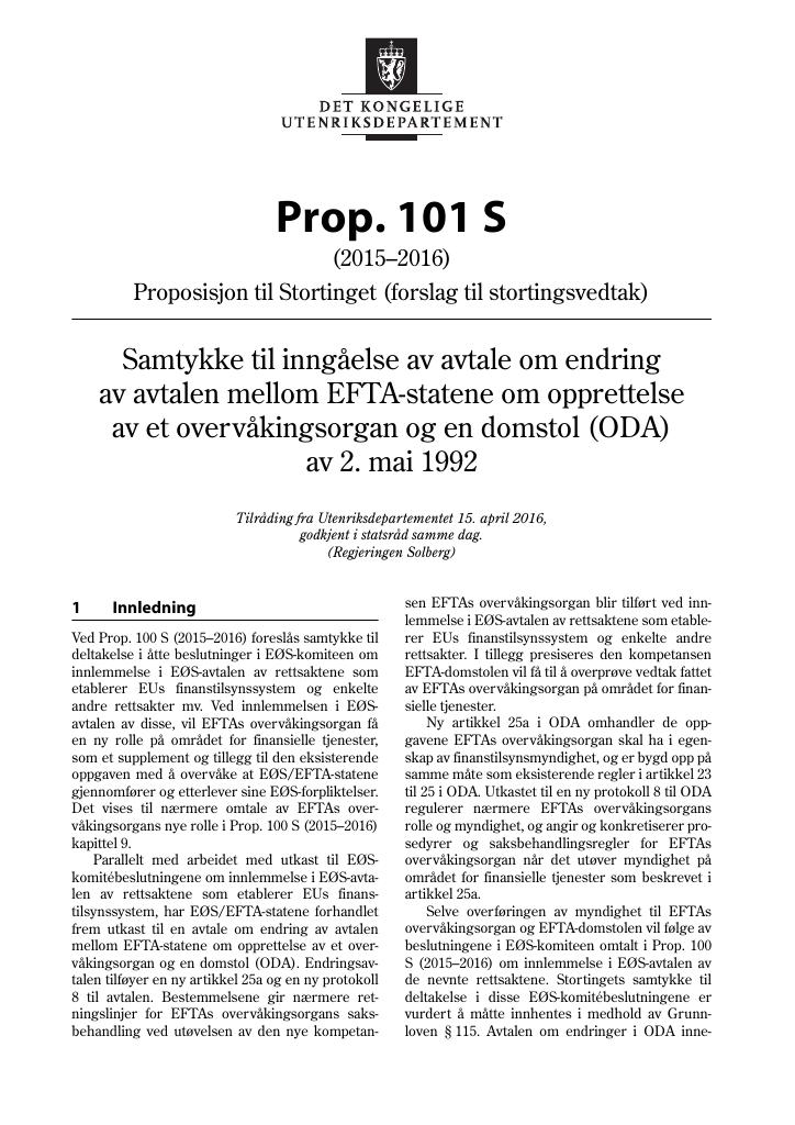 Forsiden av dokumentet Prop. 101 S (2015–2016)