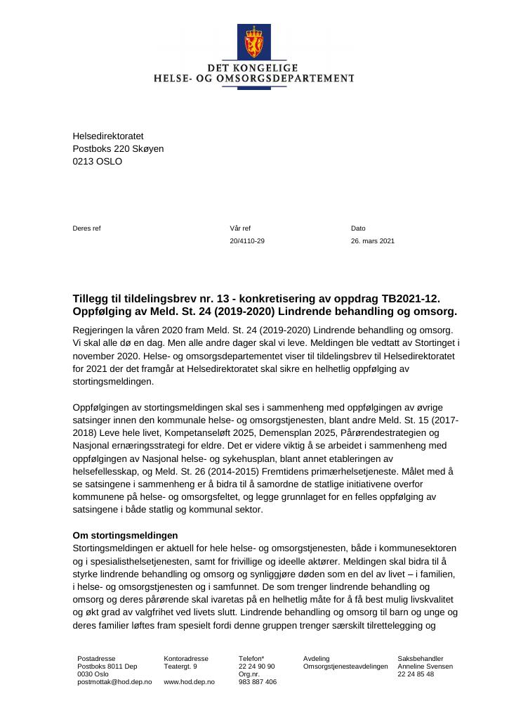 Forsiden av dokumentet Tildelingsbrev Helsedirektoratet 2021 - tillegg nr. 13