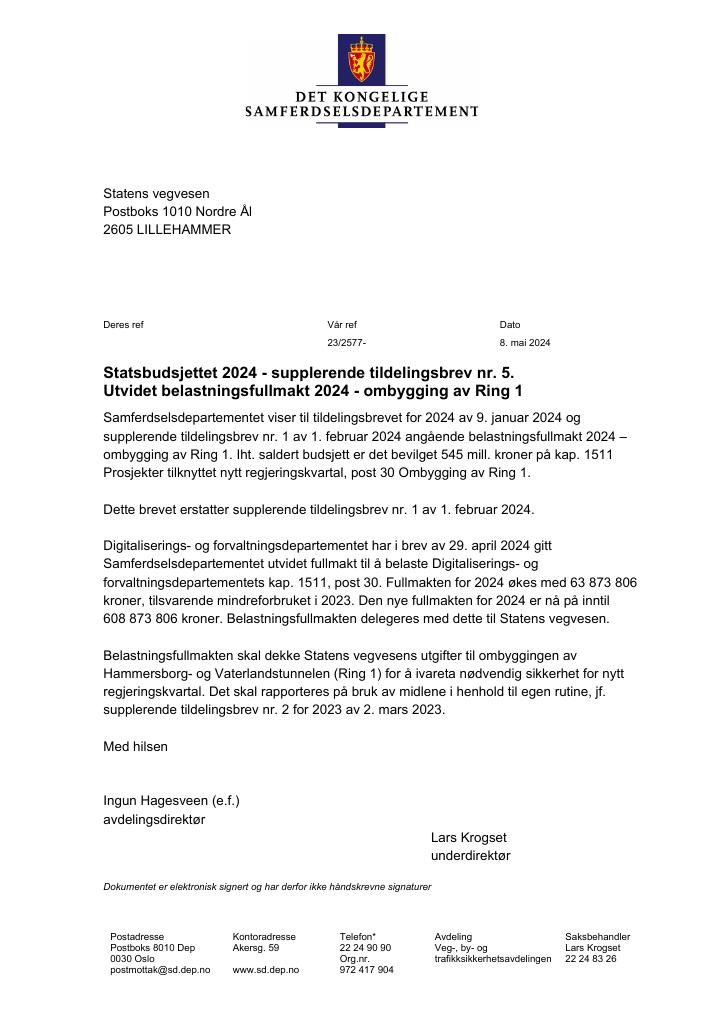 Forsiden av dokumentet Tildelingsbrev Statens vegvesen 2024 - tillegg nr. 5