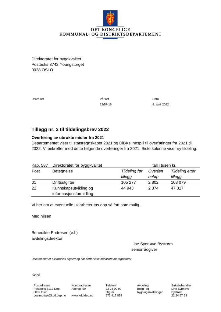 Forsiden av dokumentet Tildelingsbrev Direktoratet for byggkvalitet 2022 - tillegg nr. 3