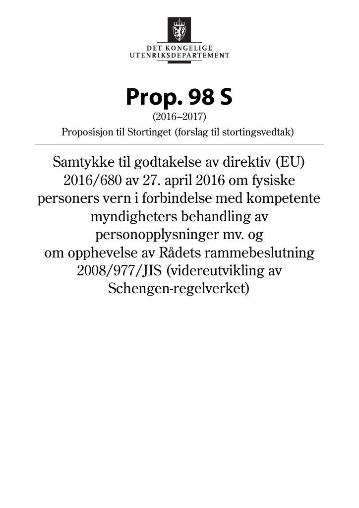 Forsiden av dokumentet Prop. 98 S (2016–2017)